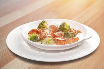 Tasty fresh hot homemade dish on the desk