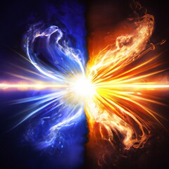 Abstract concept illustration of collision and fusion of two streams of energy. Generative AI