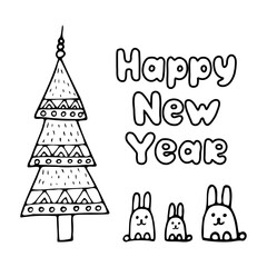 Happy New Year's postcard with Christmas tree and rabbits in the style of a doodle