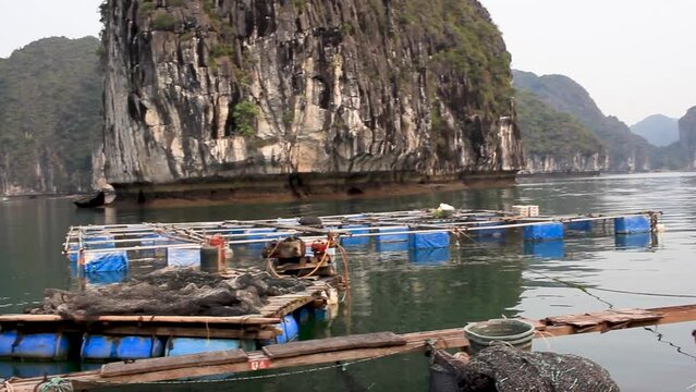 View of the floating ponds in Halong Bay, Vietnam