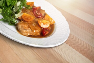 Tasty fresh hot homemade dish on the desk