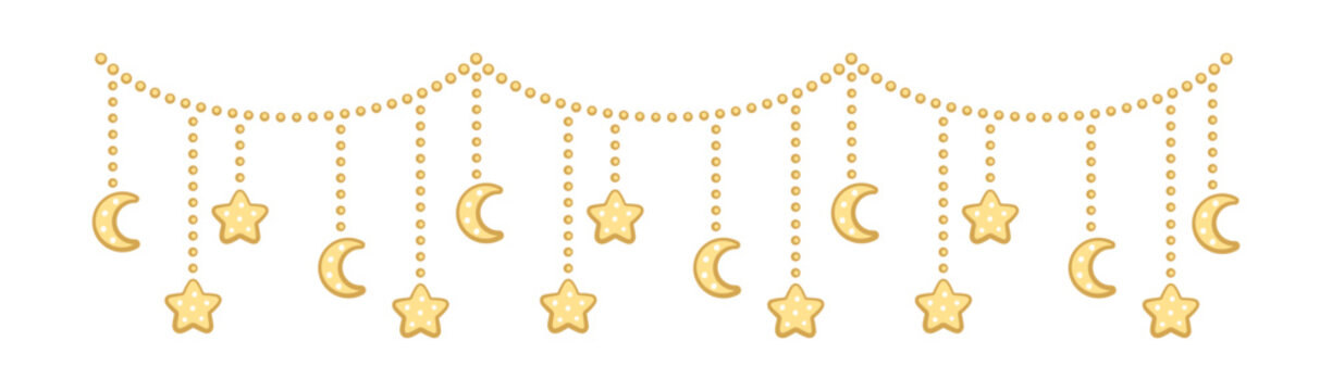 Moon and stars lights dangling bunting garland doodle illustration