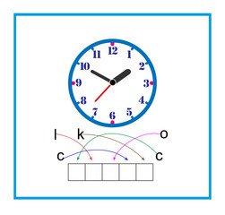 Puzzle game for children. Cartoon clock vector. Read the word. Vector illustration for kids education. Flat design