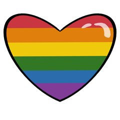 LGBTQ pride fcolorful rainbow heart isolated on white background. Shiny rainbow heart sticker with black outline. LGBT pride month raster png illustration