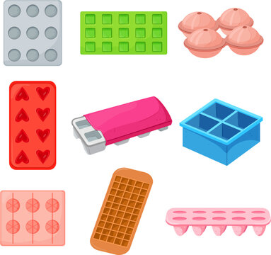 Ice Cube Tray Water, Plastic Mold, Freezer Form, Frozen Square, Kitchen Glass Cartoon Icons Set Vector Illustrations