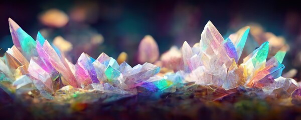 Rainbow crystal clusters abstract background banner, generative AI