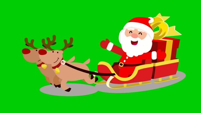 cartoon animation of santa claus bringing gifts, on green screen background, perfect for christmas icons, greeting cards, advertising, christmas celebration, templates, etc