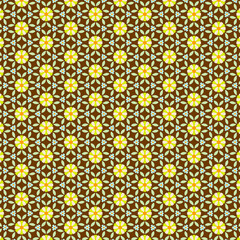 Abstract mosaic pattern with pastel yellow and blue decorative floral and geometric motifs on a brown