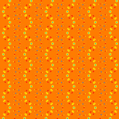 Abstract bright floral pattern with small multicolor flowers and polka dots wavy borders on an orange background