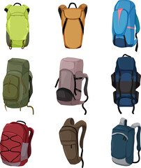 backpack camp set cartoon. travel bag, adventure outdoor, tourist mountain equipment, hiking knamsack backpack camp vector illustration