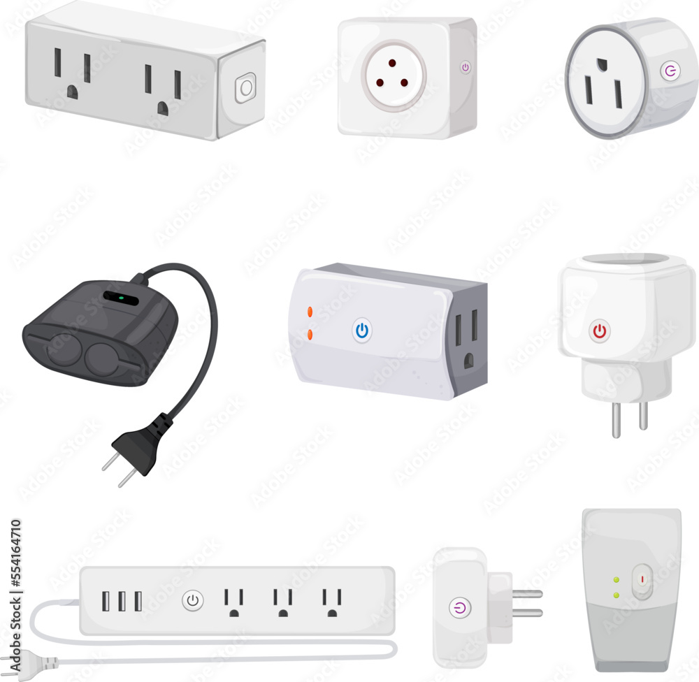 Wall mural smar plug set cartoon. wireless power socket, outlet wall energy, phone control, usb electricity smar plug vector illustration