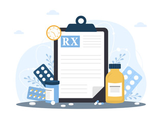 Medical prescription drugs concept. Large recipe on clipboard. Diseases therapy pills. Pharmacy control. Healthcare and treatment concept. Vector illustration in flat cartoon style. - obrazy, fototapety, plakaty