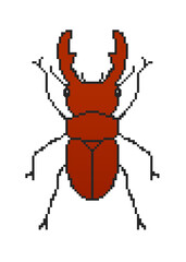 Illustration of pixel art brown stag beetle