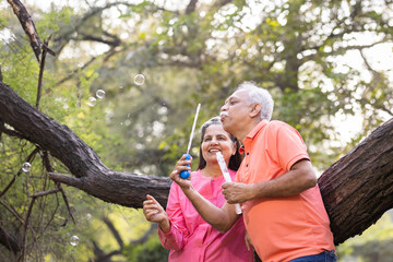 Fototapeta premium Active senior couple having fun blowing bubbles at park.