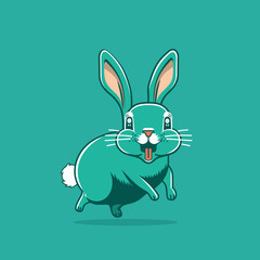 Happy cheerful bunny jumps. Funny running hare flat logo design. Vector illustration
