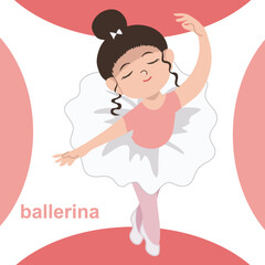 Flashcard kids’ profession dream. a cute ballerina girl dancing happily. Educational printable sheet for children. Cute cartoon vector illustrations.