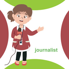 Colorful flashcard kids’ profession dream. A cute journalist girl reporting the news. Educational printable sheet for children. Cute cartoon vector illustrations.