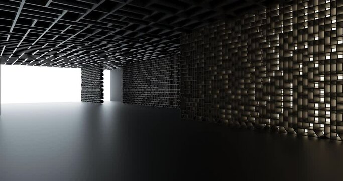 Luxury loop parametric abstract architectural minimalistic background. Contemporary showroom. Modern black exhibition tunnel.  Neon backlight. Night. Space.  3D animation and rendering.