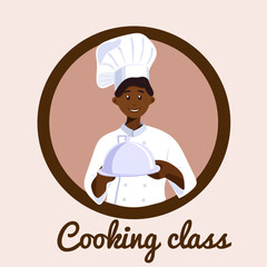Chef with a dish in his hands. cooking Class illustration. A dark-skinned male cook in a white uniform. Concept illustration of the restaurant business. Vector illustration of a cartoon character.