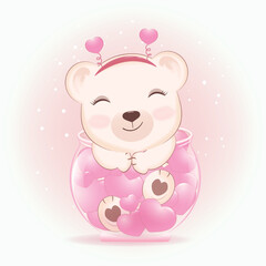 Fototapeta na wymiar Cute Bear and heart in jar, valentine's day concept illustration