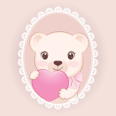 Cute Teddy Bear and heart in oval lace frame, valentine's day concept
