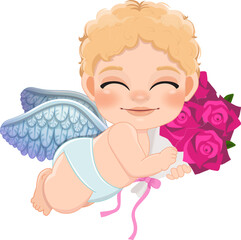 Happy valentine s day with Cupid holding pink rose bouquet cartoon character