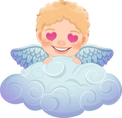 Happy valentine s day with Cupid peekaboo behide a cloud cartoon character