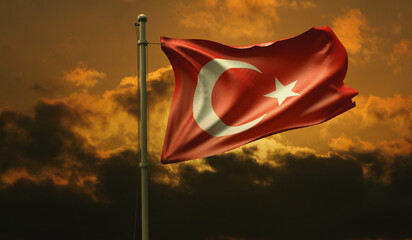 Turkish Flag, Sunset and waving Turkish Flag - Turkey