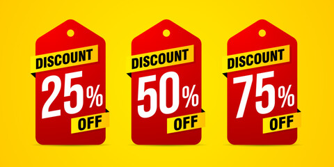 Set of discount label vector illustration, sale banner for promotional 25% off, 50% off, 75% off special offer tag sticker design element