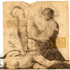 illustration - woman and man drawing in style of Leonardo Da Vinci