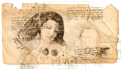 illustration - woman angel  drawing in style of Leonardo Da Vinci
