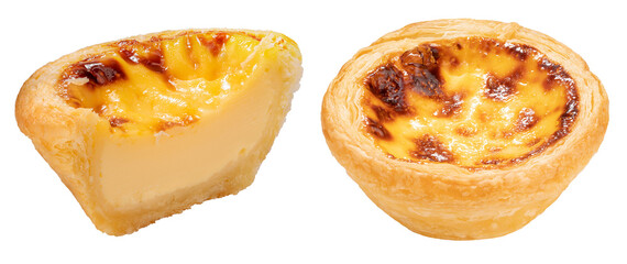 Sweet Baked Egg tart  on white background, Pie Portuguese egg tart on white PNG File. - obrazy, fototapety, plakaty