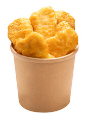 Nugget Fried chicken  on paper bucket on white background , Fried chicken on white PNG File.