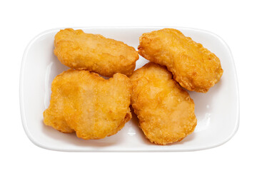 Nugget Fried chicken on white dish on white background, Fried chicken on white PNG File.