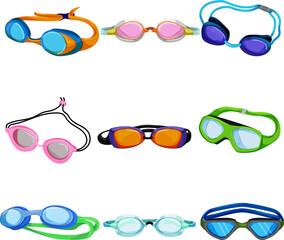 pool goggles set cartoon. swim water glasses, summer swimmer, child fun, diving people underwater equipment pool goggles vector illustration