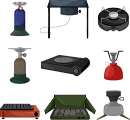 stove camp set cartoon. gas cooking, portable outdoor cooker, nature picnic burner, propane travel equipment stove camp vector illustration