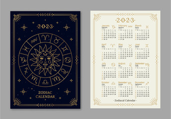 Year 2023 of pocket size calendar template golden zodiac symbols. Dark navy color double sided vertical calendar with stylized sun and horoscope signs thin line vector illustration