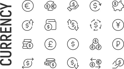 Vector set of currency thin line icons.