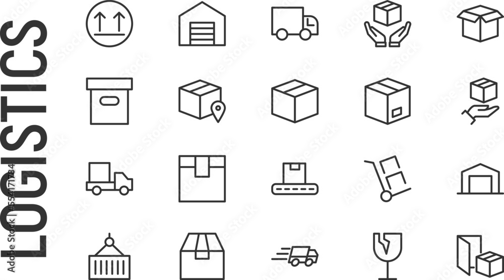 Wall mural Vector set of logistics thin line icons.