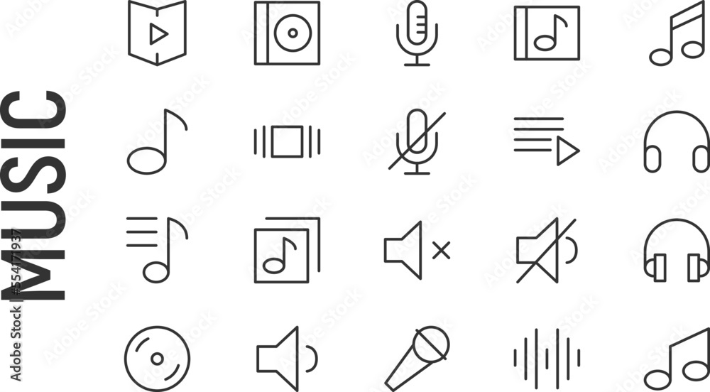 Wall mural Vector set of music thin line icons.