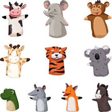 animal hand puppets set cartoon. finger play, child chadow, game theatre, funny art toy animal hand puppets vector illustration