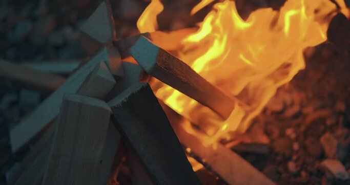Burning fire detail. Camping bone fire burning in slow motion 4K