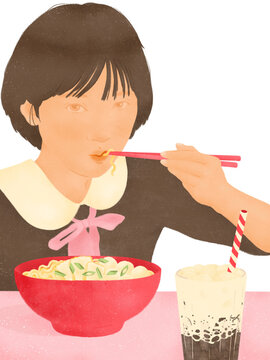 Asian teenage girl eating Hong Kong style flat rice noodles in fish ball soup on transparent background