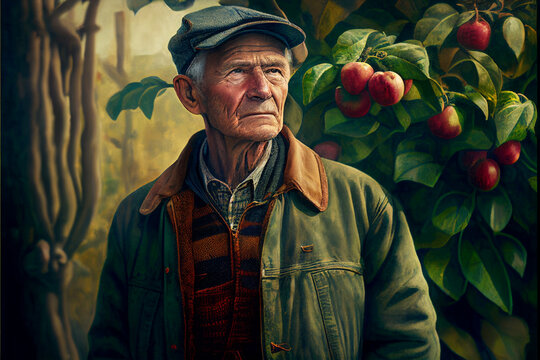 Generated image of farmer in apple orchard