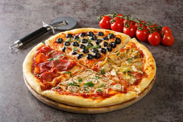 Homemade pizza four seasons with tomatoes, mozzarella, mushrooms, artichokes, ham and olives...