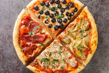 Pizza Four Seasons arranged into four sections, each representing a different season closeup on the...