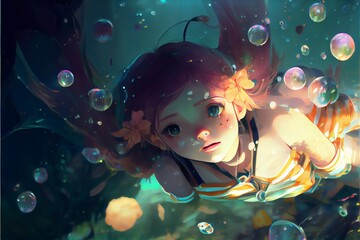 Obraz na płótnie Canvas girl with bubbles under oceaan