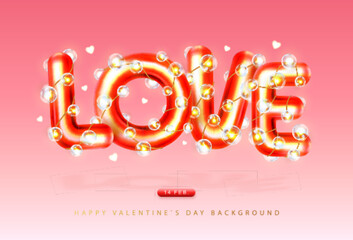 Happy Valentines Day poster with 3D chromic letters and electirc lamps. Holiday greeting card. Vector illustration