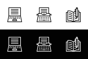 Writing tool icon set. Flat design icon collection isolated on black and white background. Writing on laptop, typewritter, and book.