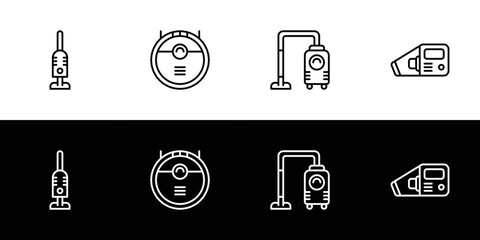 Vacuum cleaner type icon set. Flat design icon collection isolated on black and white background. Upright, automatic robot, canister, and handheld.